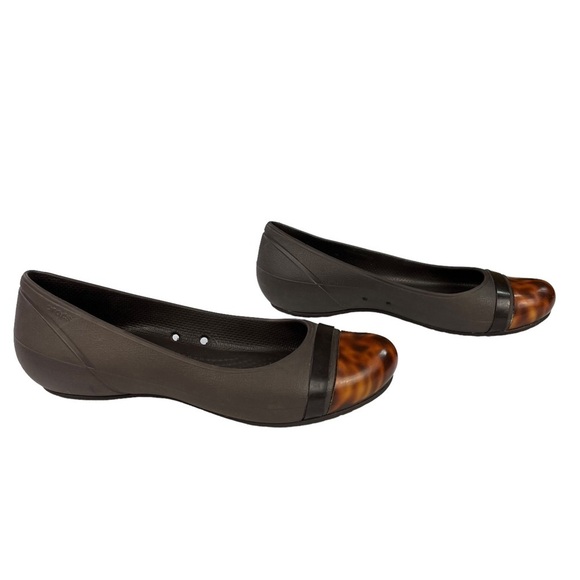 CROCS Cap Toe Tortoise Flats Slip On Womens Brown Size 8 - Picture 2 of 11